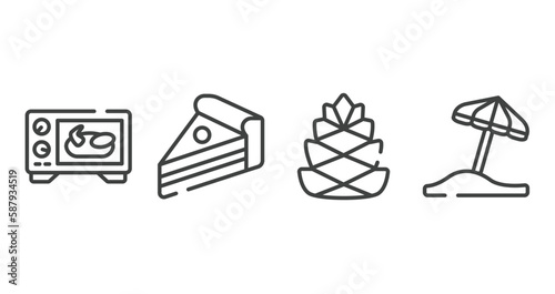 tropical outline icons set. thin line icons sheet included oven, piece of cake, pine cone, sun umbrella vector.