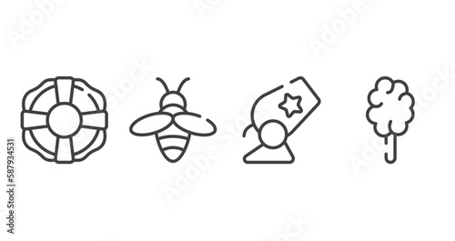 circus outline icons set. thin line icons sheet included lifesaver, beekeeper, cannon, cotton candy vector.