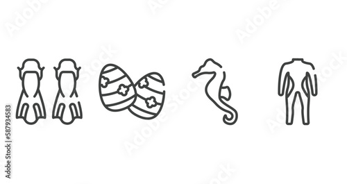 diving outline icons set. thin line icons sheet included flippers, easter egg, seahorse, diving suit vector.