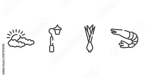 animals outline icons set. thin line icons sheet included cloudy, streetlight, onion, prawn vector.