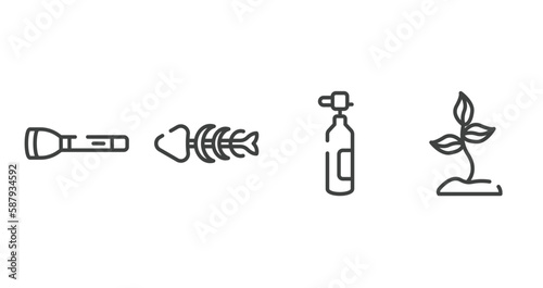 spring outline icons set. thin line icons sheet included torch, fishbone, oxygen tank, soil vector.