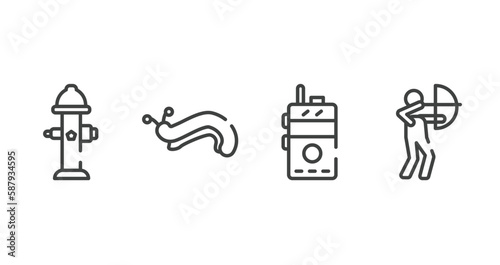 hunting outline icons set. thin line icons sheet included fire hydrant, slug, walkie talkie, hunter vector.