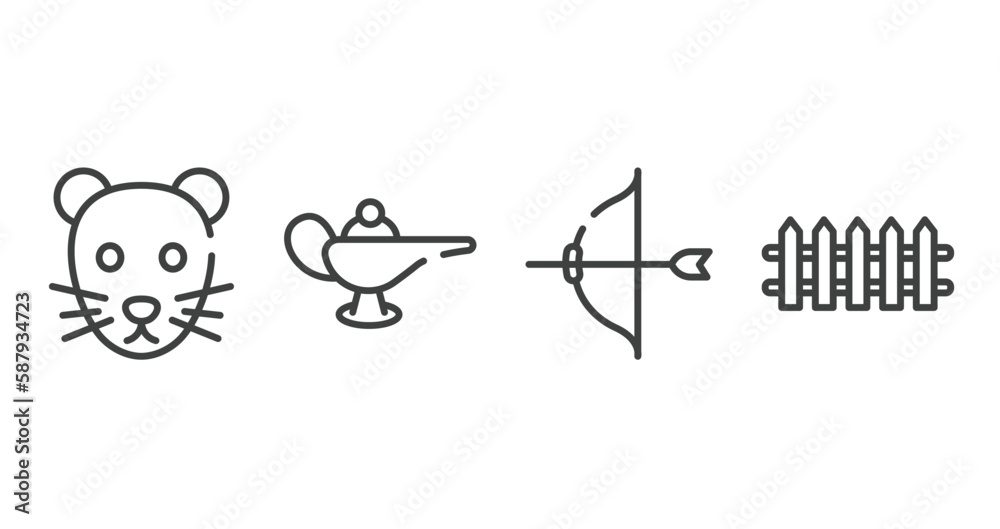 zoo outline icons set. thin line icons sheet included rat, magic lamp, archery, fence vector. zoo outline icons set. thin line icons sheet included rat, magic lamp, archery, fence vector.