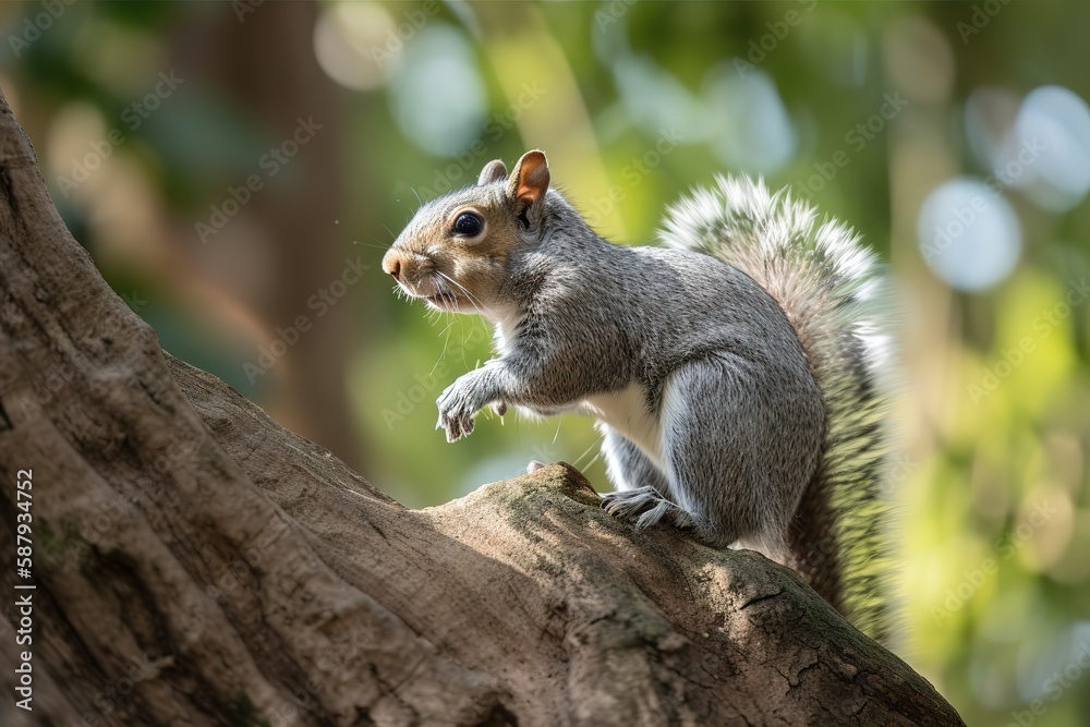 A curious and playful Grey Squirrel climbing a tree - This Grey Squirrel is climbing a tree, showing off its curious and playful nature.. Generative AI A curious and playful Grey Squirrel climbing a tree - This Grey Squirrel is climbing a tree, showing off its curious and playful nature.. Generative AI