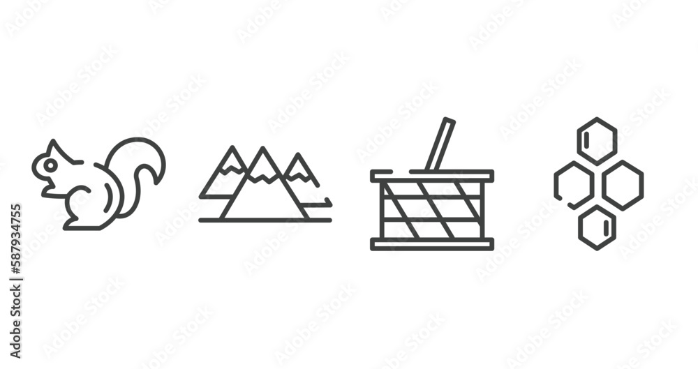 wildlife outline icons set. thin line icons sheet included chipmunk, mountains, picnic basket, hive vector.