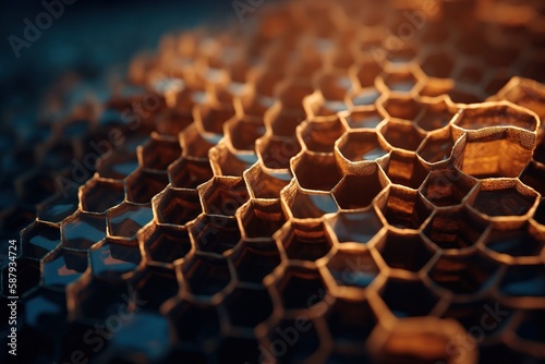  a close up of a honeycomb pattern on a surface of honeycombs, with the light reflecting off of the honeycombs.  generative ai