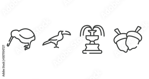 wildlife outline icons set. thin line icons sheet included kiwi, toucan, fountain, hazelnut vector.