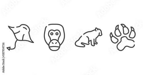 wildlife outline icons set. thin line icons sheet included manta ray, orangutan, red panda, pawprints vector.