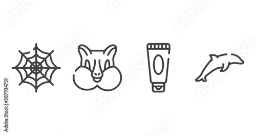 nature outline icons set. thin line icons sheet included spider web, chipmunk, sun cream, dolphin vector.