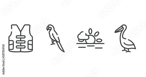birds outline icons set. thin line icons sheet included vest, parrot, sun, pelican vector.