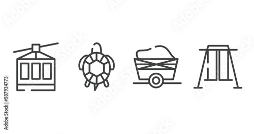 zoo outline icons set. thin line icons sheet included cable car, tortoise, wagon, swing vector.