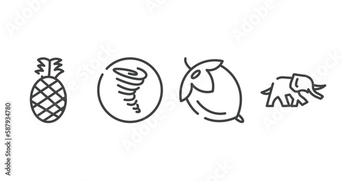 in the zoo outline icons set. thin line icons sheet included pine, tornado, hazelnut, elephants vector.