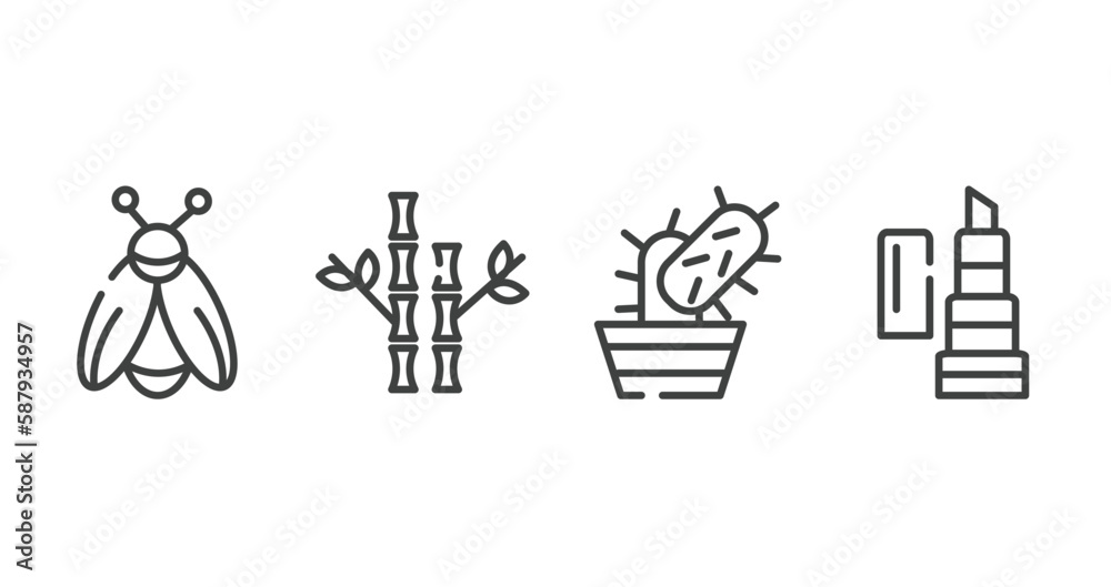 pet grooming outline icons set. thin line icons sheet included firefly, bamboo, cactus, balm vector.
