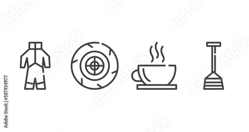 winter outline icons set. thin line icons sheet included snowsuit, winter tire, hot tea, winter shovel vector.