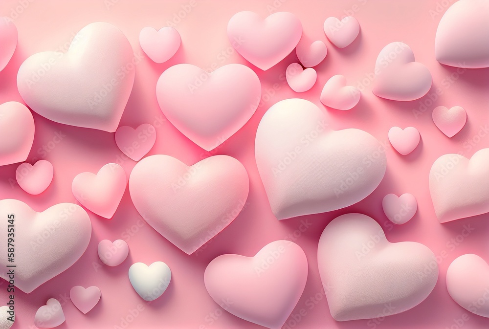Pastel pink valentine background with 3d hearts. AI generated