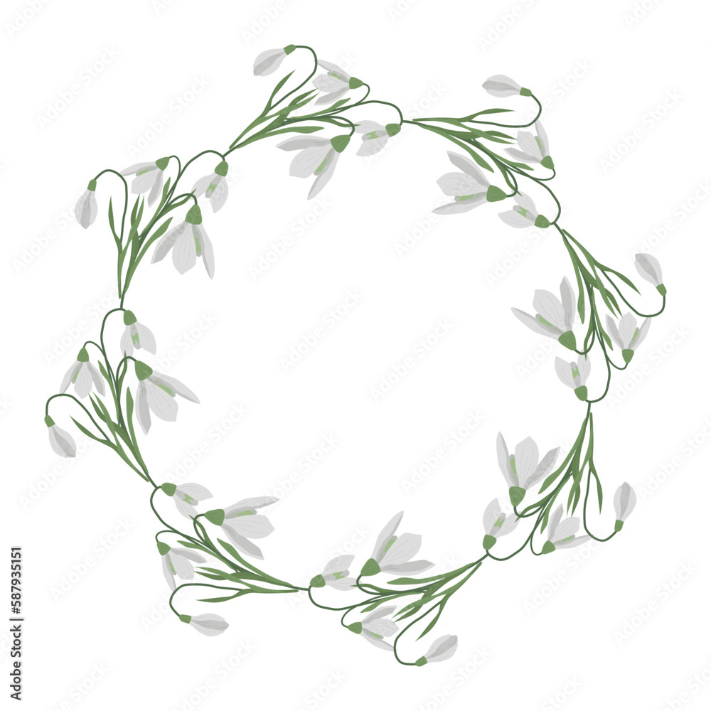 A frame of snowdrops for your design. First spring flowers. Round frame.. Vector illustration.
