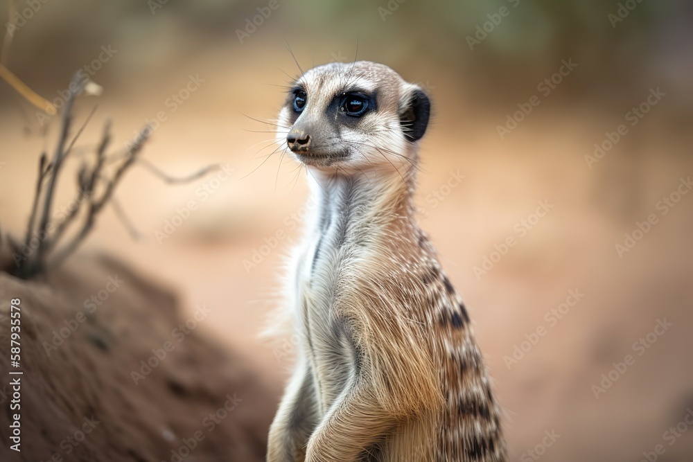 A curious and social Meerkat standing upright - This Meerkat is standing upright, showing off its curious and social nature. Generative AI A curious and social Meerkat standing upright - This Meerkat is standing upright, showing off its curious and social nature. Generative AI