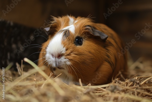 A curious and social guinea pig nibbling on hay - This guinea pig is curious and friendly, and may be nibbling on a pile of hay or a piece of fresh produce. Generative AI