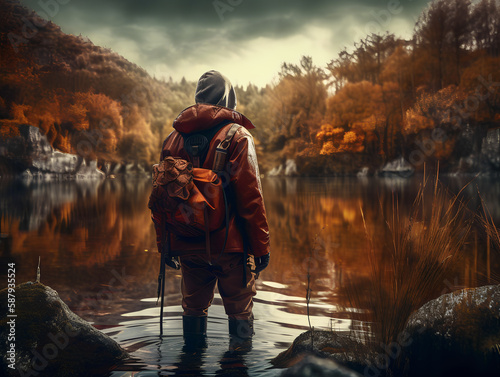 Abenteurer auf Wanderschaft in den Bergen mit Rucksack an einem Bergsee im Herbst photo