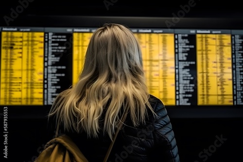 Young woman or girl checking flight timetable of arrivals departure stand in international airport - travel concept. Traveling Illustration. Generative Ai.
