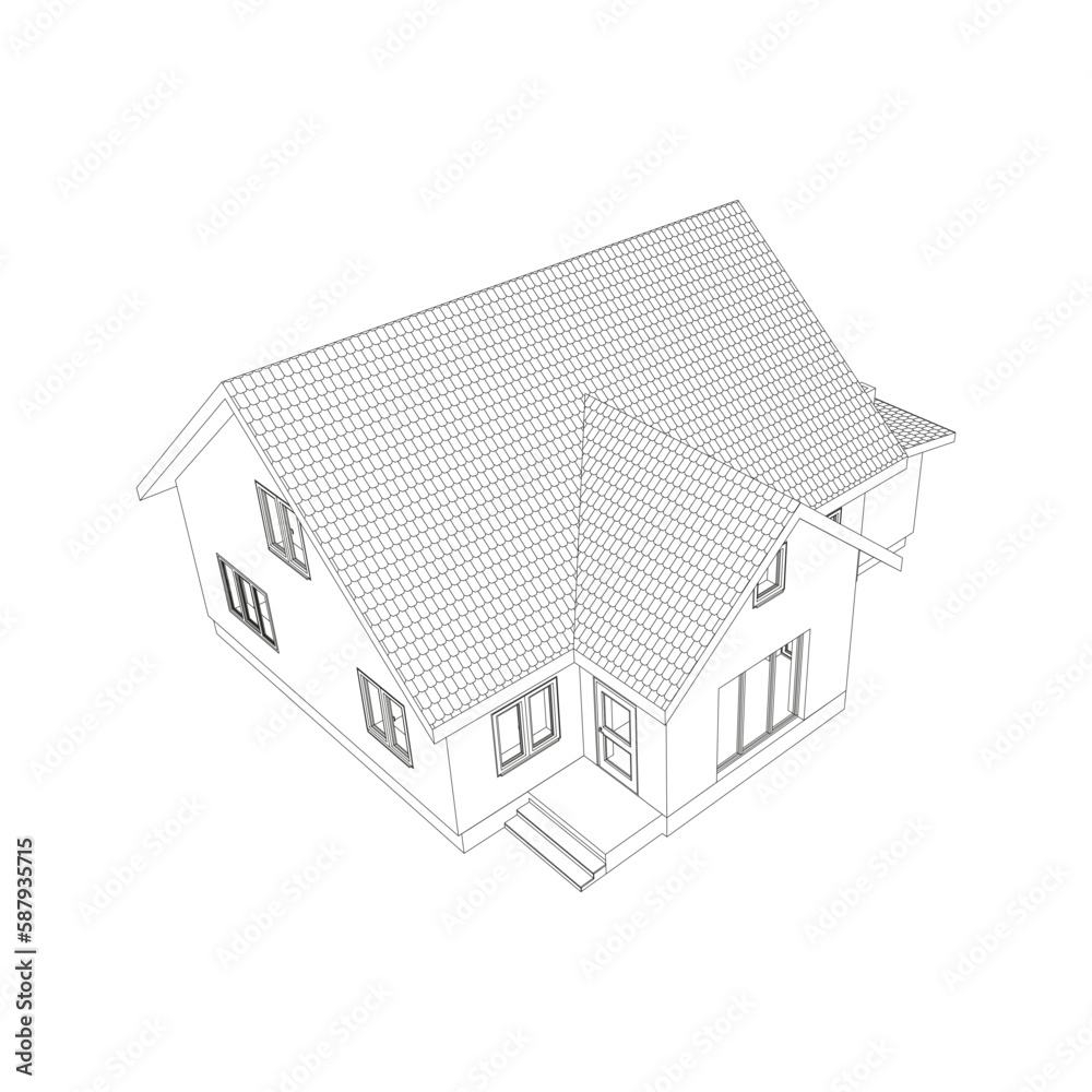 3D suburban house model. Drawing of the modern building. Cottage project on white background. Vector blueprint.