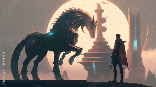 the man and his mechanized horse standing on rooftop building in futuristic planet, digital art style, illustration painting, Generative AI © MG