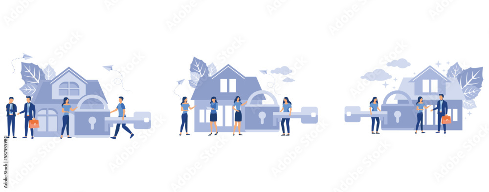 Buying a house, house keys, protection and security, real estate and turnkey rental, set flat vector modern illustration - obrazy, fototapety, plakaty 