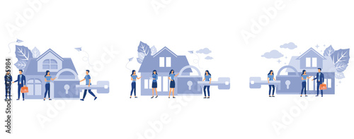 Buying a house, house keys, protection and security, real estate and turnkey rental, set flat vector modern illustration