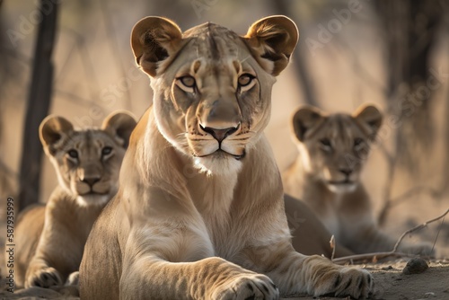 A regal and majestic Lioness watching over her cubs  showing off her regal and majestic nature. Generative AI