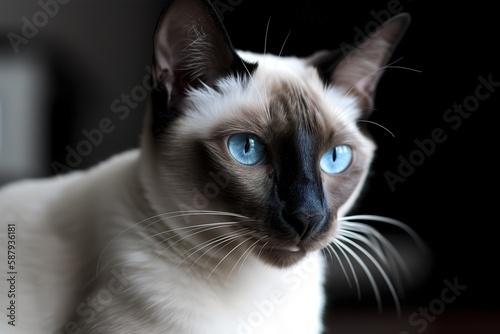 A regal and majestic Siamese cat posing for a photo - This Siamese cat is posing for a photo, showing off its sleek and elegant appearance. Generative AI