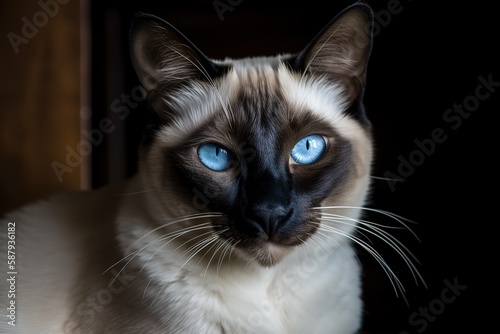 A regal and majestic Siamese cat posing for a photo - This Siamese cat is posing for a photo, showing off its sleek and elegant appearance. Generative AI © create