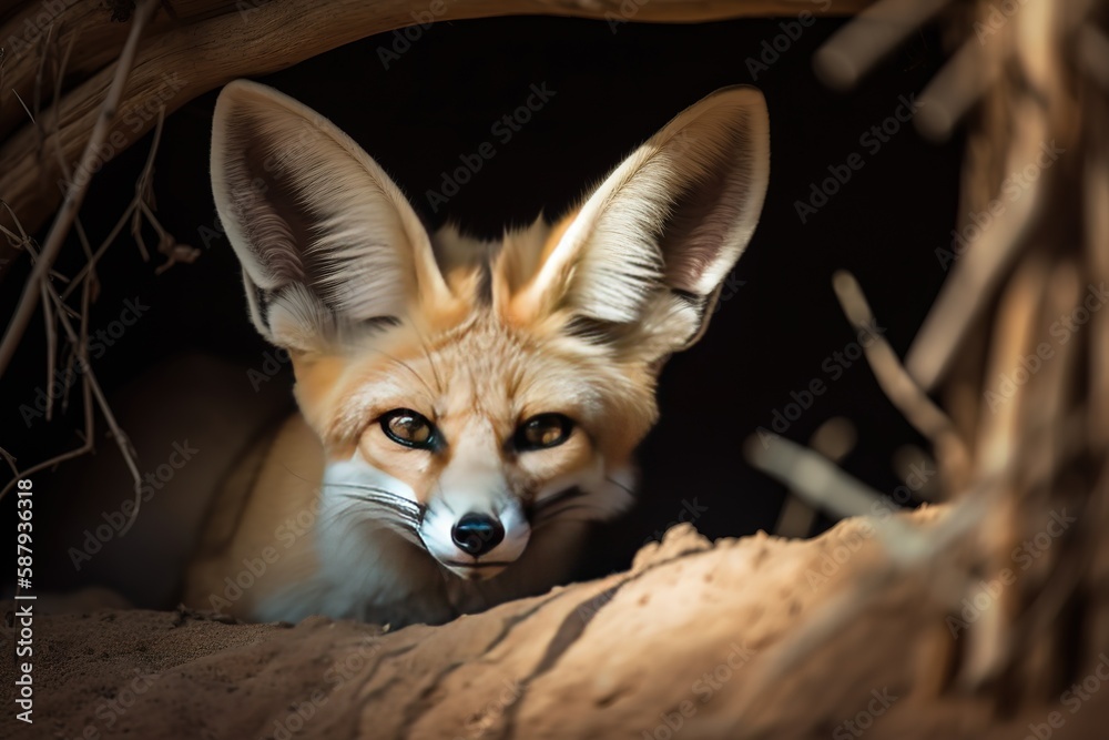 A shy and elusive Fennec Fox peering out from its den, showing off its ...