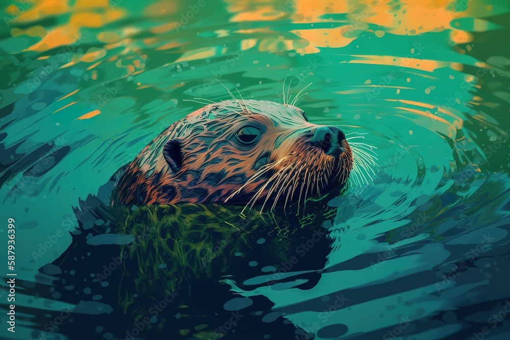 Fototapeta premium A silly and playful otter swimming in a river Generative AI