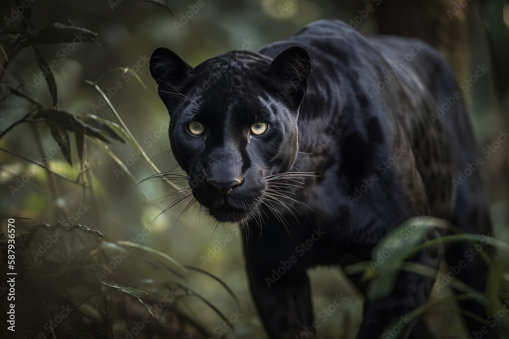 A sleek and agile Black Panther moving stealthily through the jungle, showing off its sleek and agile nature. Generative AI