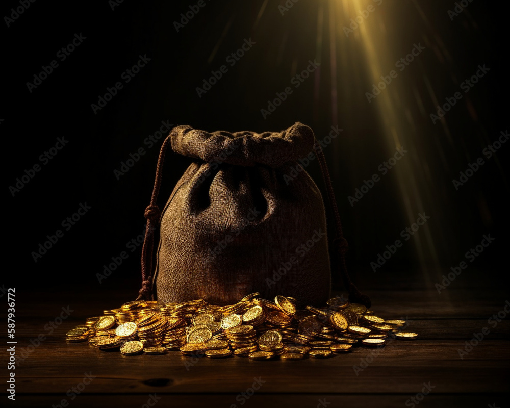 Geldsack im Spotlight von Goldmünzen umringt mit Schimmer im Hintergrund - obrazy, fototapety, plakaty 