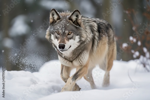A sleek and agile Grey Wolf running through the snow, showing off its sleek and agile nature. Generative AI