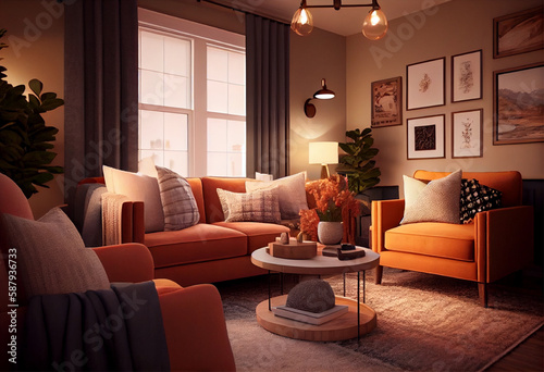 Interior design of a cozy and inviting living room that incorporates warm colors, soft textures, and comfortable seating   Generative AI © DesignDynasty