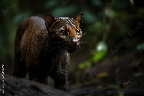 A sleek and agile Jaguarundi stalking its prey - This Jaguarundi is stalking its prey, showing off its sleek and agile nature. Generative AI photo