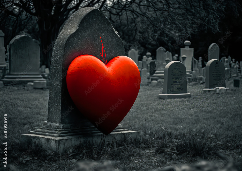 A headstone topped by a heart-shaped balloon symbolizes loss and ...