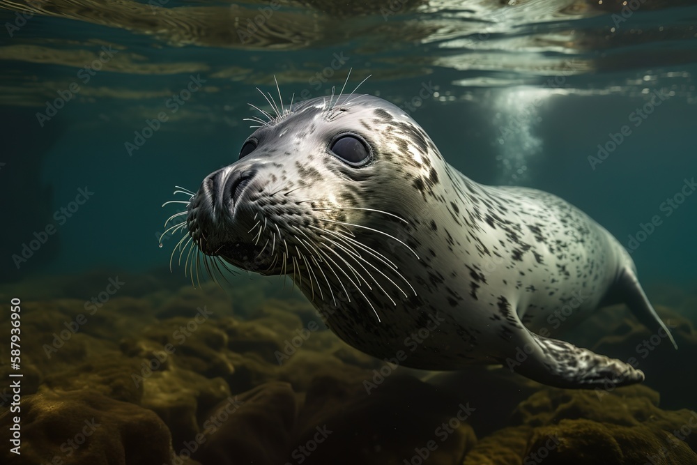 Fototapeta premium A sleek and graceful Grey Seal swimming in the ocean, showing off its sleek and graceful nature. Generative AI