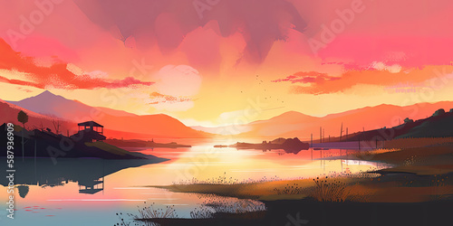 Painting of a sunset on a lake . Image for a wallpaper, background, postcard or poster - Generative AI