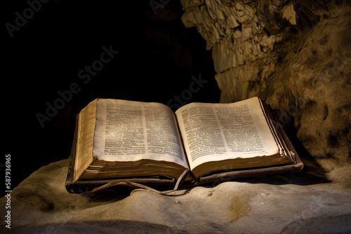 The Bible open in a cave, generative AI, generative, AI photo