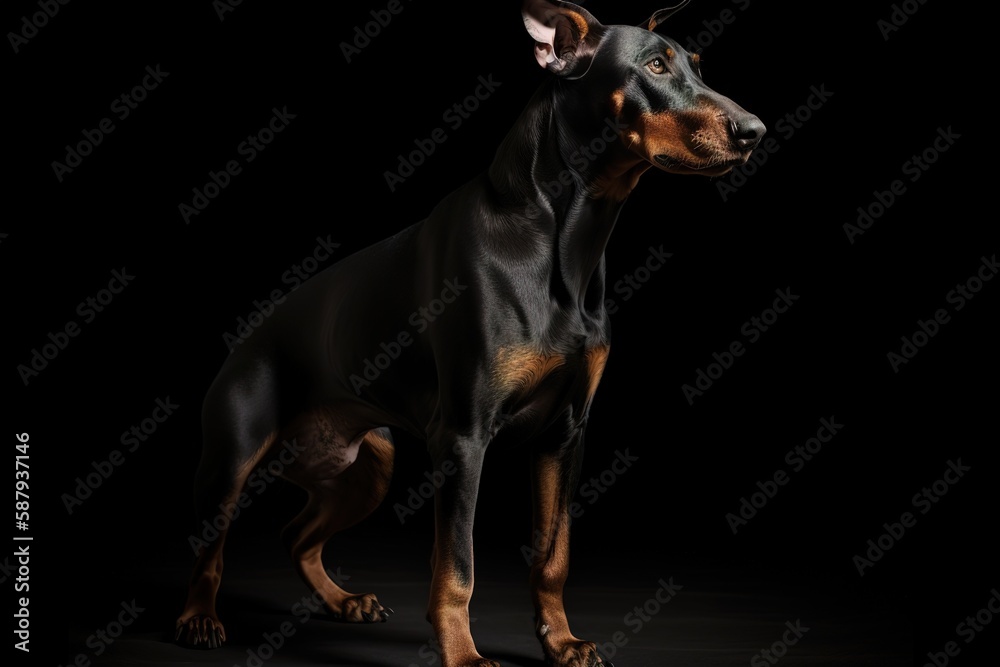 A sleek and regal Doberman Pinscher standing at attention, showing off its strong and powerful build and alert gaze. Generative AI