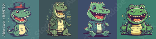 Flat color vector of happy crocodile set collection