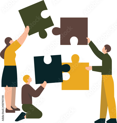 Teamwork concept. People connecting jigsaw puzzle pieces. Vector illustration