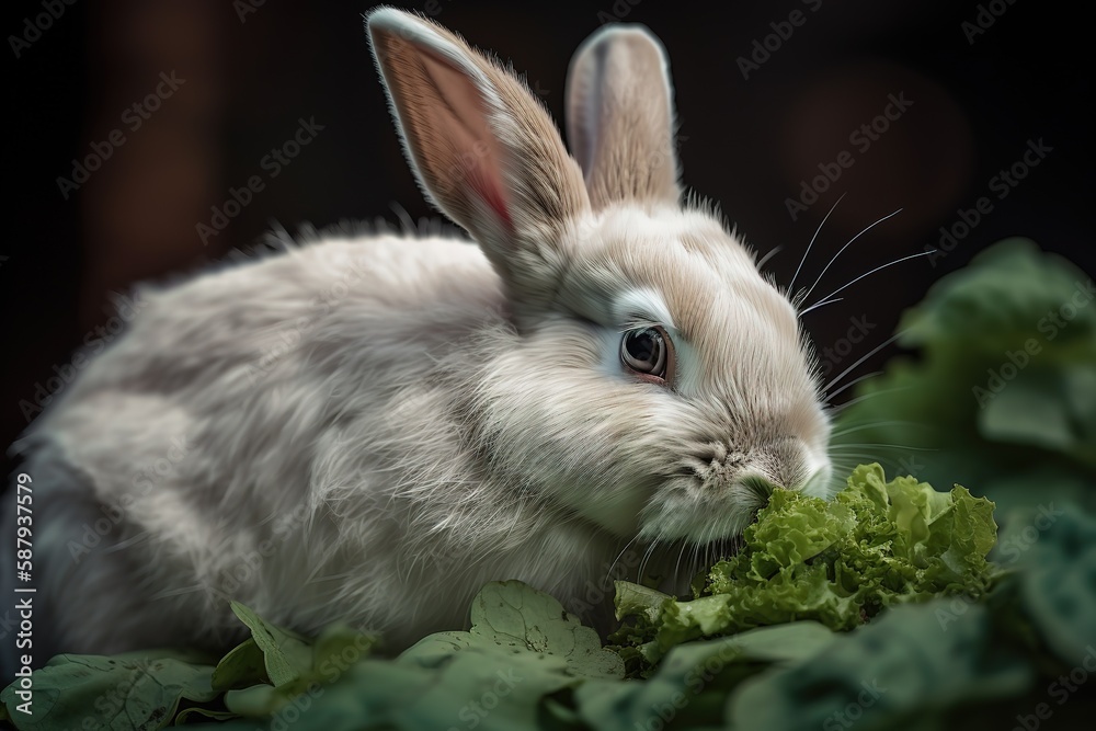 A soft and gentle rabbit munching on greens, such as lettuce or parsley. Generative AI A soft and gentle rabbit munching on greens, such as lettuce or parsley. Generative AI