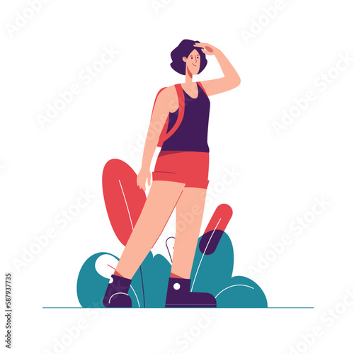 Vector illustration of woman tourist traveler looking far away
