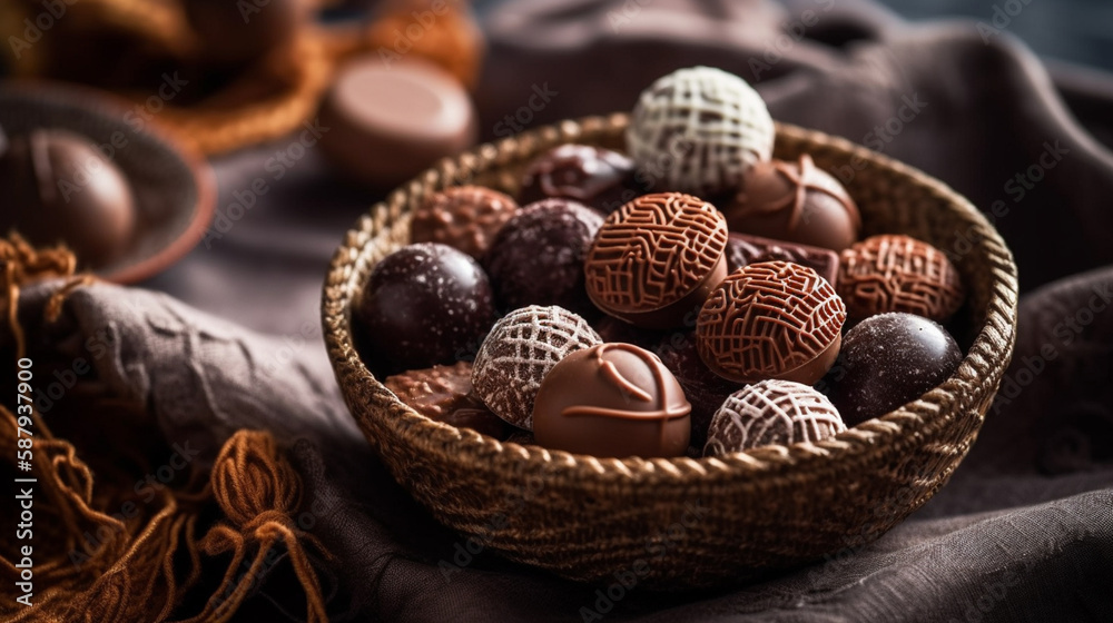 Chocolates in a round bowl on a white lace tablecloth Generated AI