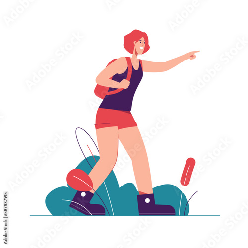 Vector illustration of woman tourist traveler with backpack pointing at something