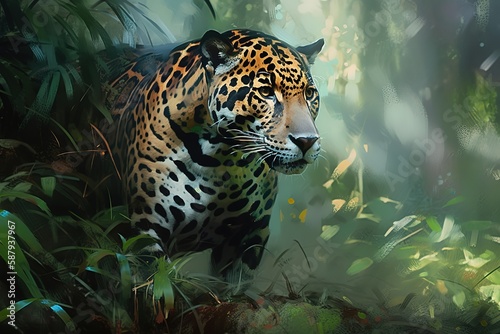 A stealthy and elusive Jaguar stalking through the jungle  showing off its stealthy and elusive nature. Generative AI
